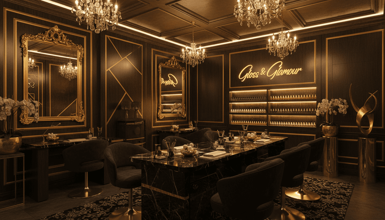 Interior of a luxury nail studio with dark glamour aesthetic and gold accents