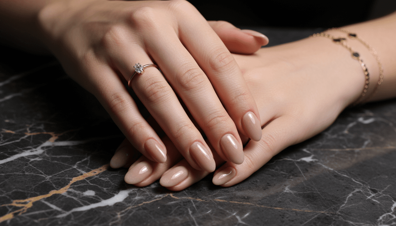 Close-up of a manicured hand with glossy dark nail polish and a delicate gold ring