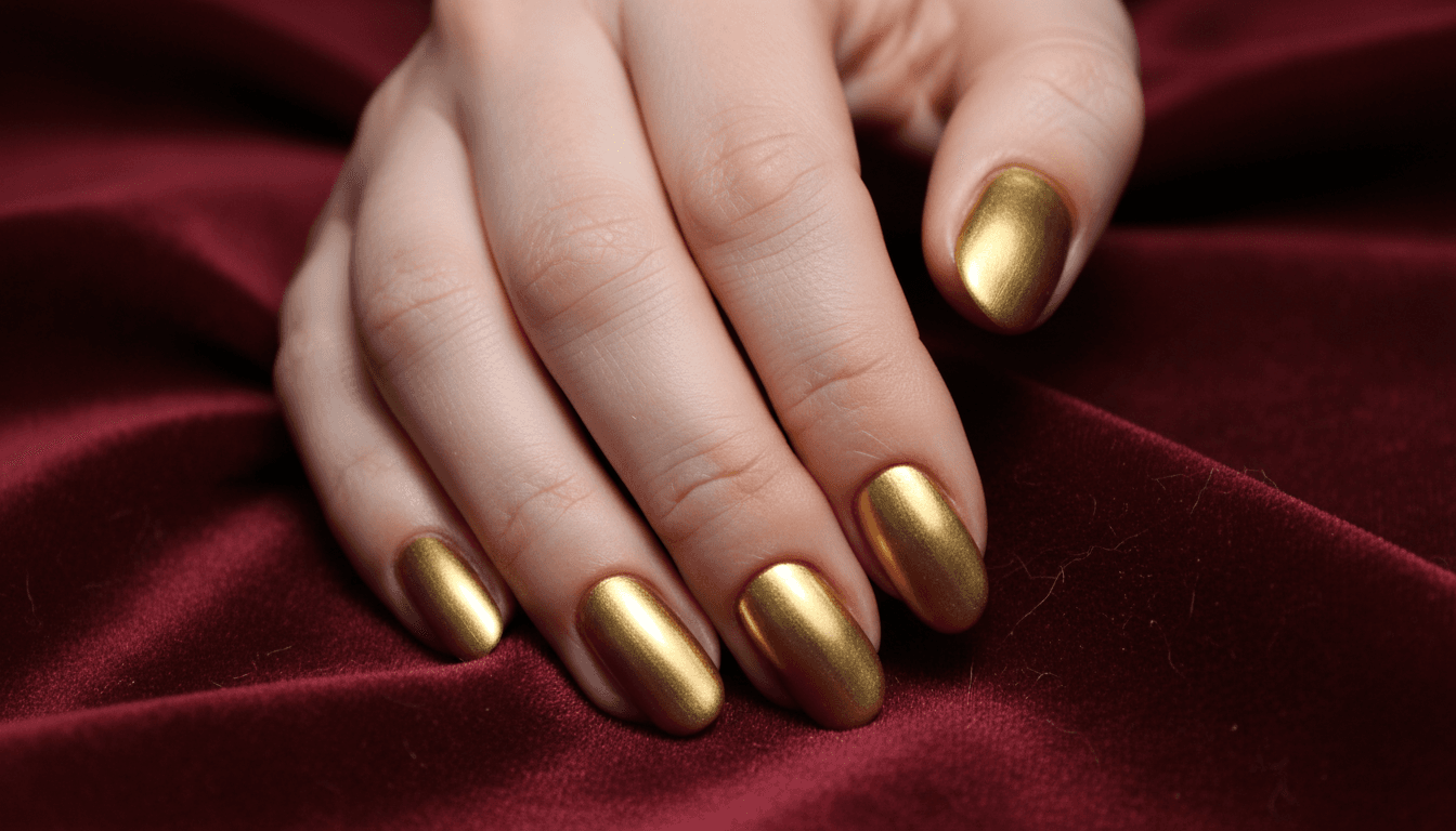 Close-up of a hand with intricate gold nail art resting on dark velvet