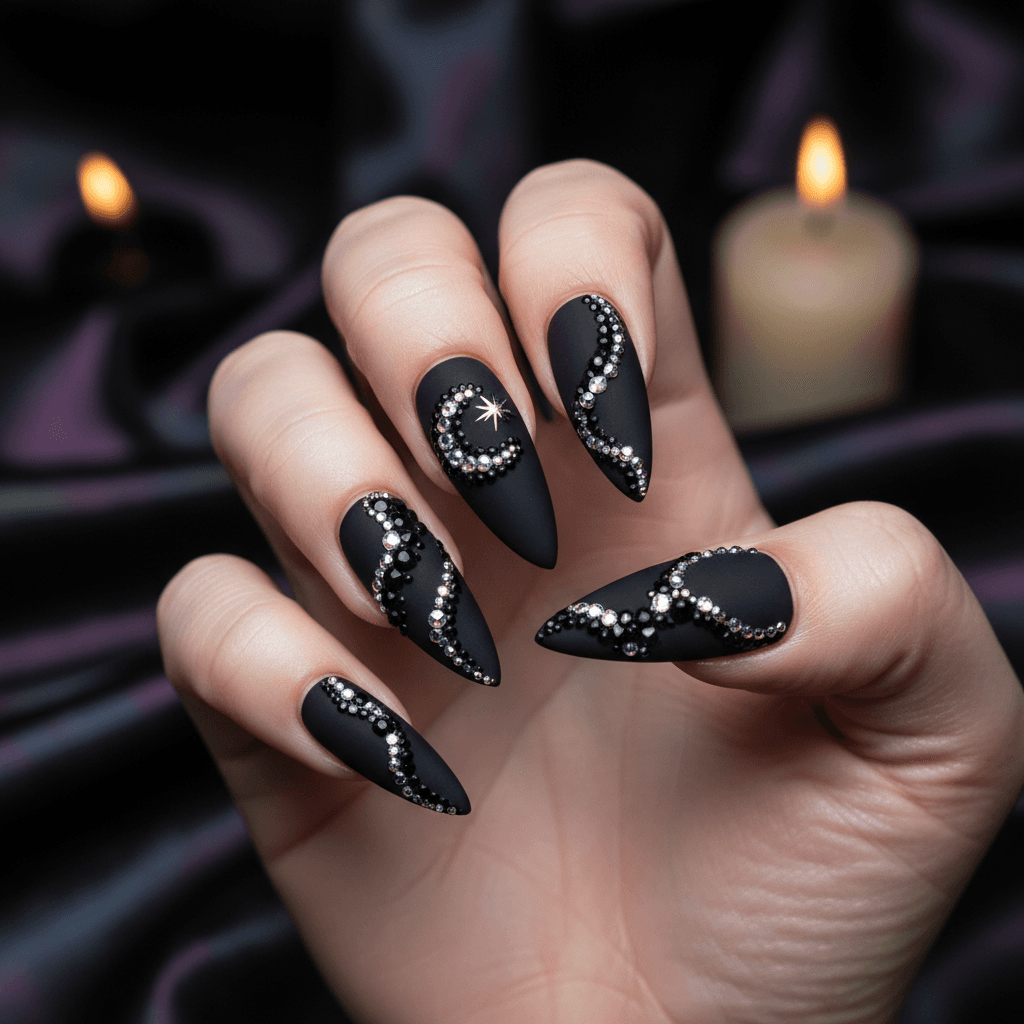 Dark glamour nail art with crystals