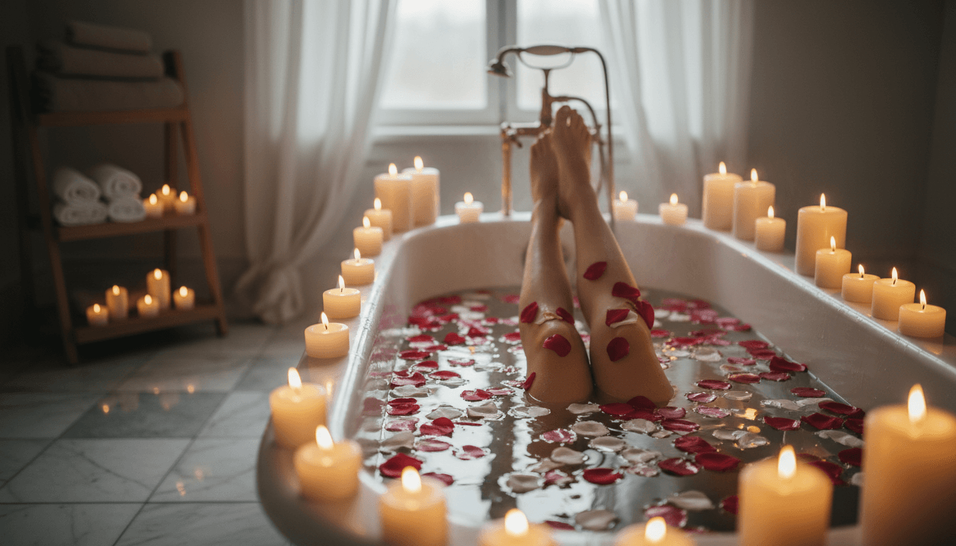 Relaxing pedicure setup with warm water, rose petals, and soft candle lighting