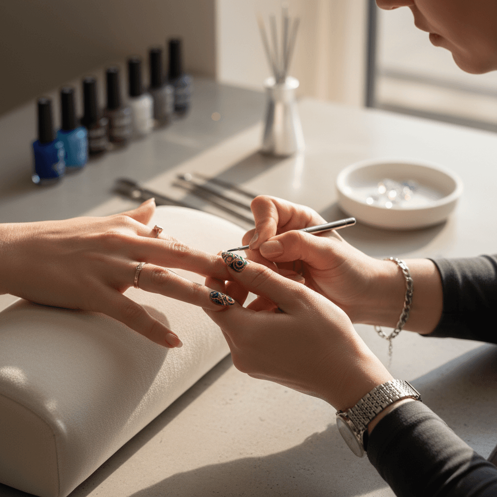Nail artist in luxury studio applying polish with precision