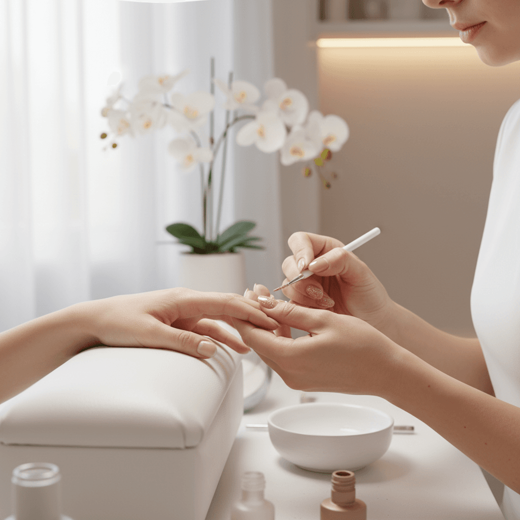 Manicured hands with precise polish application