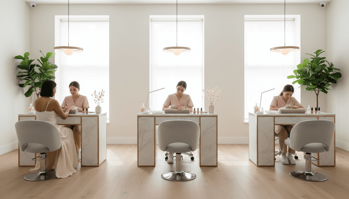Dark glamour nail studio interior with gold detailing and luxurious atmosphere