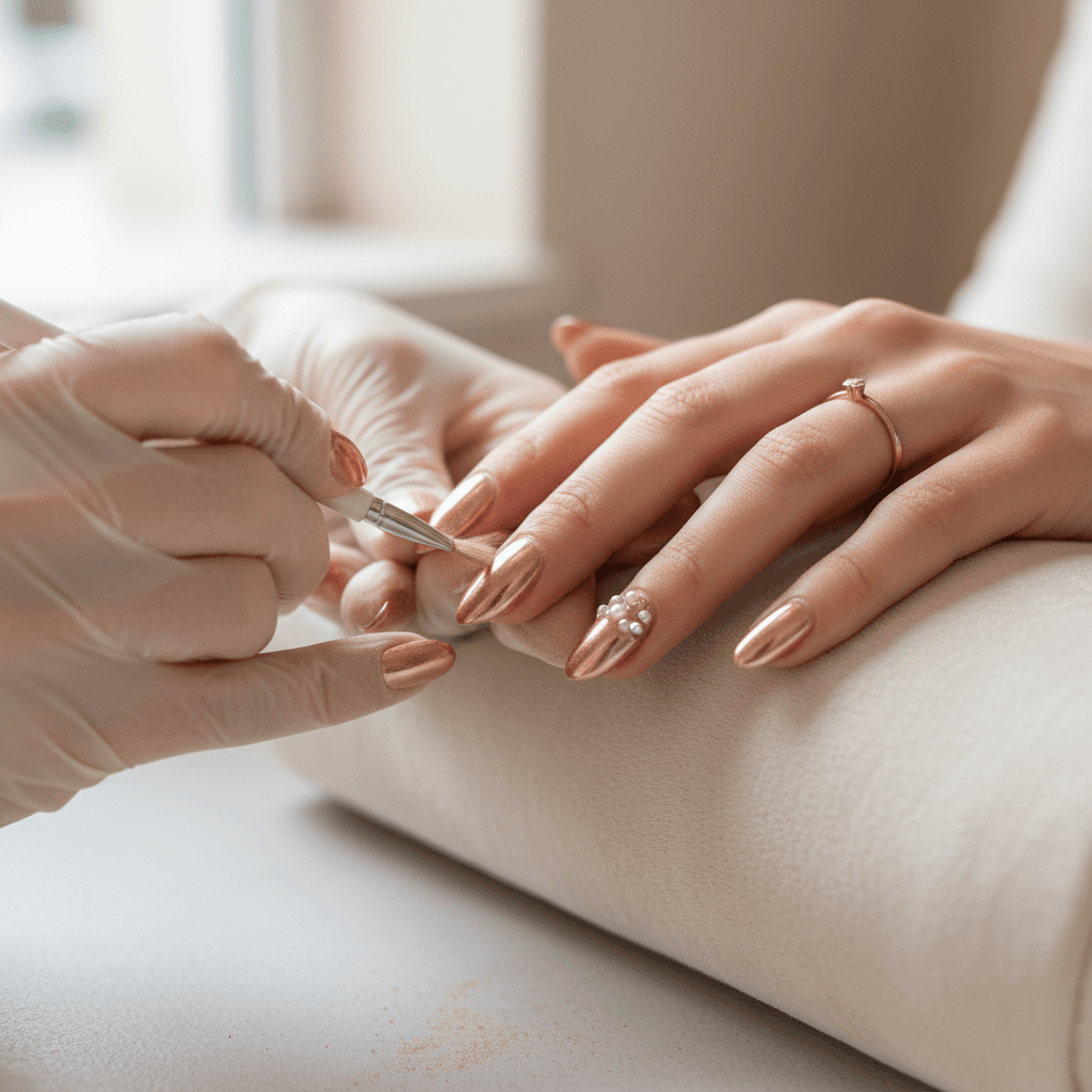 Manicured hands with gold nail art on dark surface