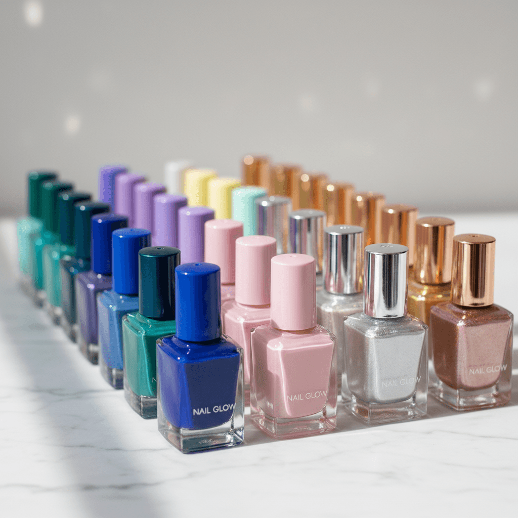 Organized collection of colorful nail polish bottles arranged by color gradient with soft window lighting